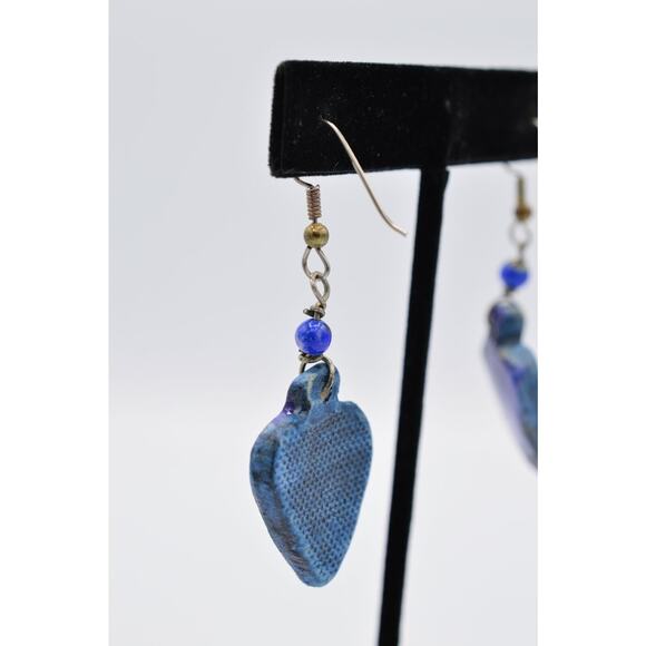 Vintage Heart Earrings Blue Painted Porcelain Dangle Valentine's 1980s Bin8 - Picture 6 of 8